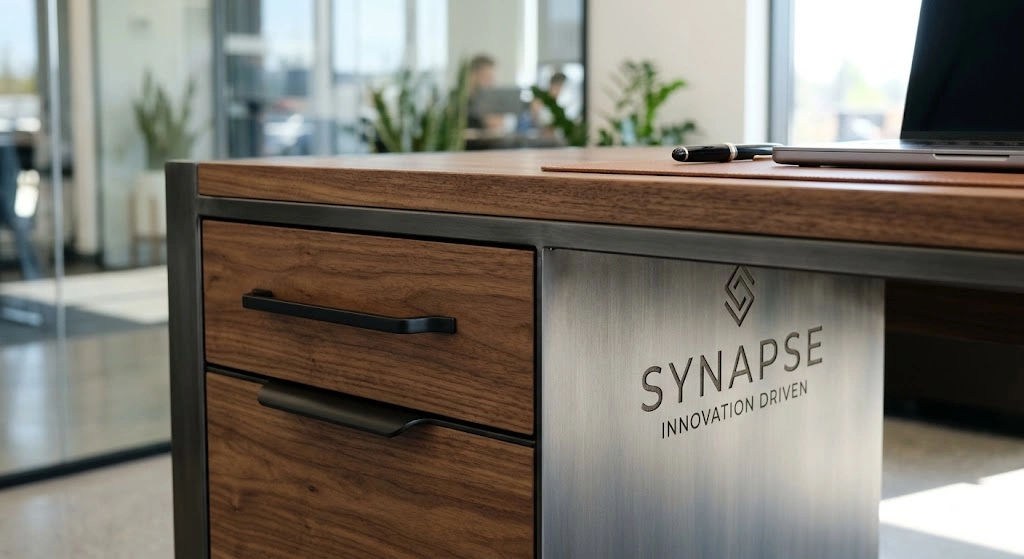 Desain custom furniture kantor dengan warna sesuai brand identity startup