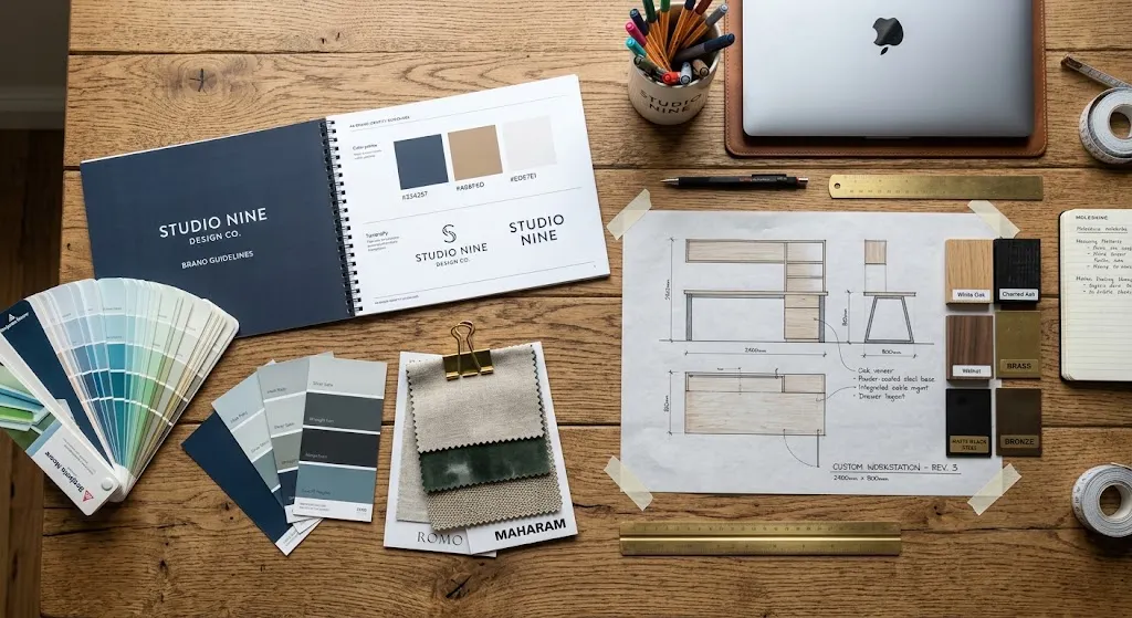 Palet warna dan material untuk furniture kantor custom